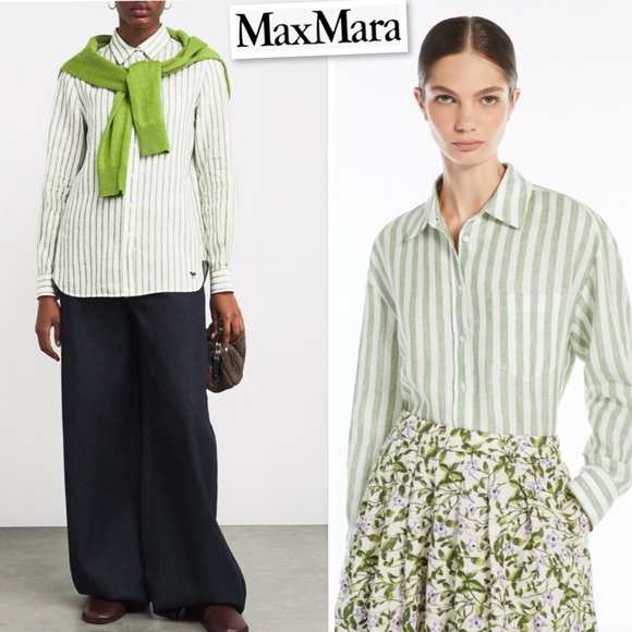 Weekend Max Mara Giralda Striped Button-Up 
in White / Green  Size 10 - Picture 1 of 12